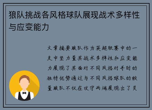 狼队挑战各风格球队展现战术多样性与应变能力
